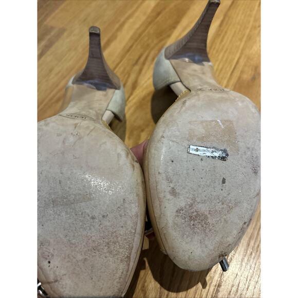 Tod's tan/Beige Leather Suede Peep Toe Dosary Pumps Size 7 studs bow front Italy - Picture 15 of 15